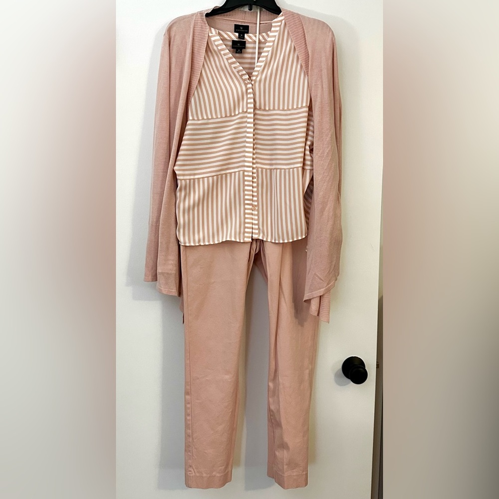 Worthington outfit:
Dusty rose capri slacks, striped blouse & cardigan sweater